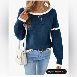 Blue and White Ruffle Crewneck Sweater